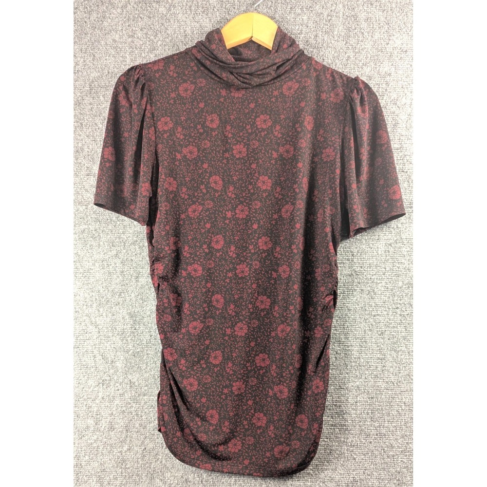 Michael Kors Women's Medium Floral‎ Ruched Side Cowl Neck Top Burgundy Blouse